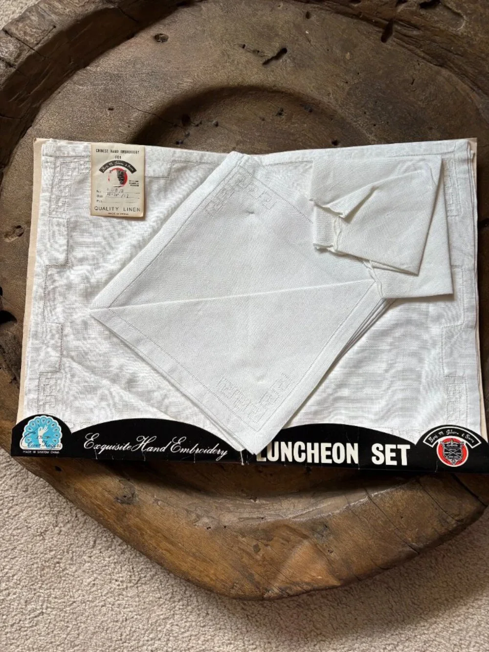 Vintage Benj. M. Jabara white linen hand-embroidered placemat napkin set retro